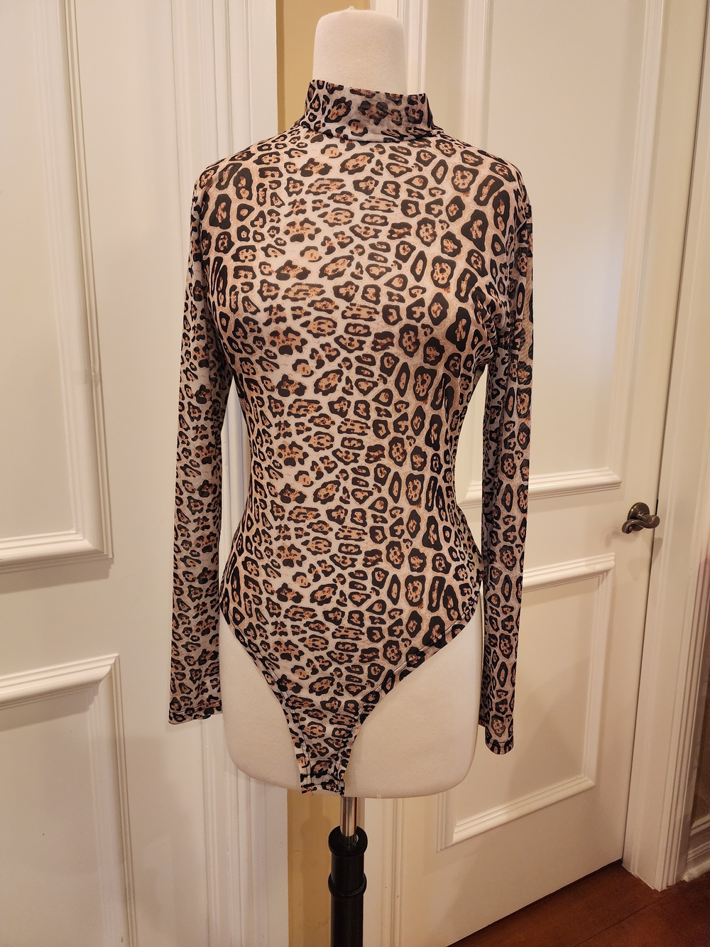 Leopard Print Mock Neck Long-Sleeve Bodysuit - Beige/Tan